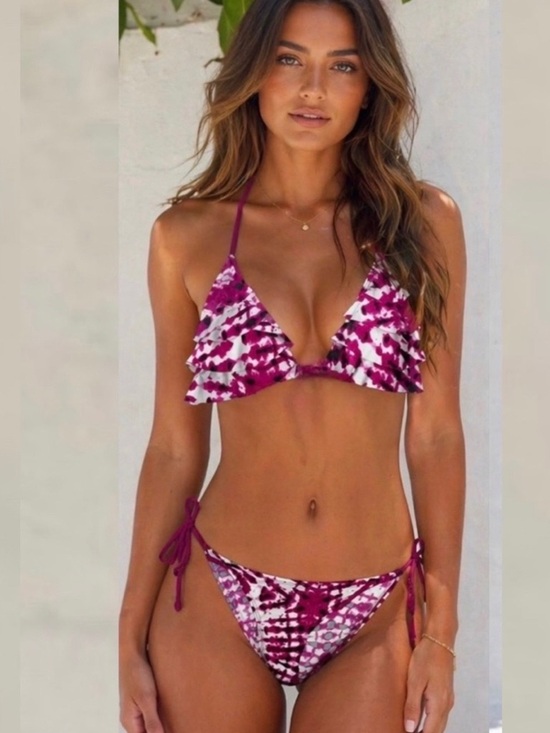 Wet Seal Other - NEW WET SEAL Tie-Dye Bikini Set Pink White Ruffle Triangle Top Side Tie Bottom M